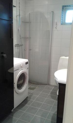 TrÃ¤slÃ¶vslÃ¤geStuga i Gamla-köpstad的一间带洗衣机和水槽的浴室