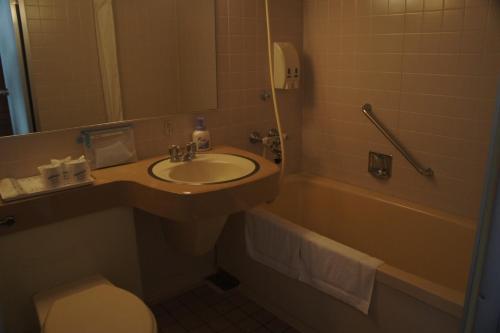 东村山市森特皮亚酒店的一间带水槽、浴缸和卫生间的浴室