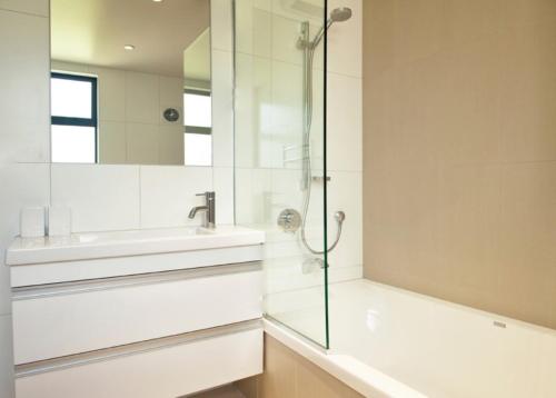 瓦纳卡Dragonfly Cottage的一间带玻璃淋浴和水槽的浴室