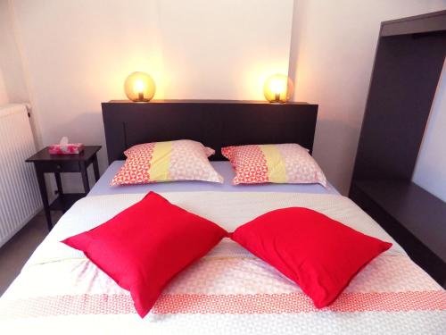 沙勒罗瓦La Lodelinsartoise - Meublé de vacances 3 clés的床上有两个红色枕头的床