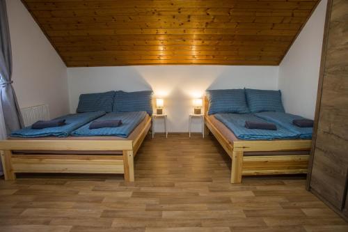 ČachrovApartmány Ve Mlejně的配有木天花板的客房内的两张床