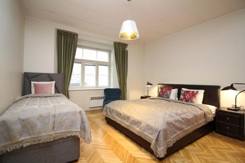 塔林Tallinn City Apartments 4 bedroom with sauna and 2 bathroom的一间卧室设有两张床和窗户。