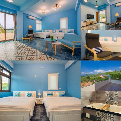 埔里童心园民宿的一张照片,上面是一间拥有蓝色墙壁的酒店客房