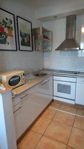 萨尔布吕肯Suite Olivier的厨房配有白色橱柜、水槽和炉灶。