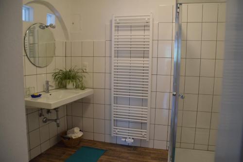 施奥弗灵Vintage-Ferienwohnung für 2的带淋浴和盥洗盆的浴室