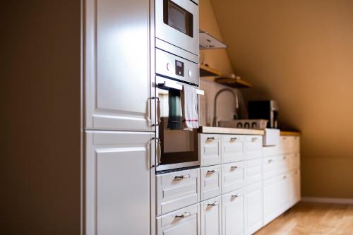 米库洛夫Mikulov Apartmány MAGISTR的厨房配有白色橱柜和白色冰箱。