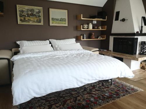 普雷德沃尔Holiday House Red Deer的卧室配有一张白色大床和壁炉