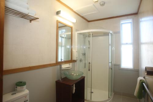 旺格努伊The Grand Hotel Wanganui的一间带玻璃淋浴和水槽的浴室
