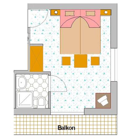 施奥弗灵Frühstückpension Haus Helene的浴室的平面图,有粉红色和橙色