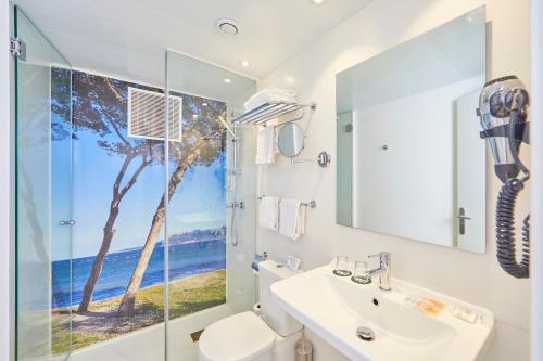 埃尔阿雷纳尔哇啦海滩酒店的带淋浴和盥洗盆的浴室以及窗户。