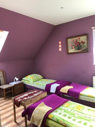 科沙林Restauracja Łania的一间设有三张床和紫色墙壁的房间