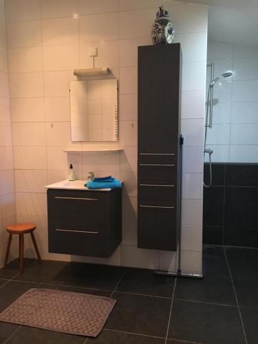 MolenschotBoeren Burgers Buitenlui的一间带黑色橱柜和水槽的浴室