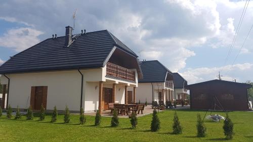 比亚沃维耶扎Apartamenty Białowieża的一座黑屋顶和绿色庭院的房子