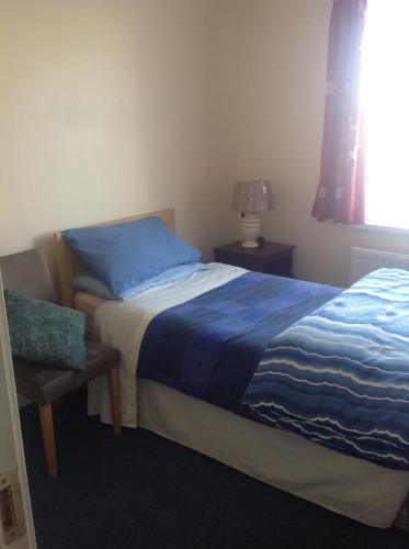 塔拉莫尔Harbour House的一间卧室配有一张带蓝色毯子的床和窗户。
