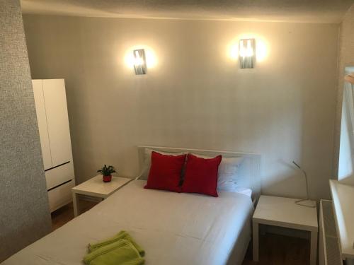 文茨皮尔斯Saules Kvartāls的一间卧室配有一张带两个红色枕头的床