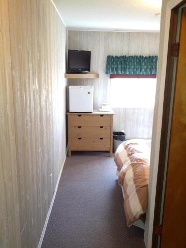 丘吉尔熊之乡旅馆的一间卧室配有一张床和一个带电视的梳妆台