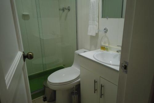 乌尤尼Almudena Suites Uyuni的浴室配有卫生间、淋浴和盥洗盆。