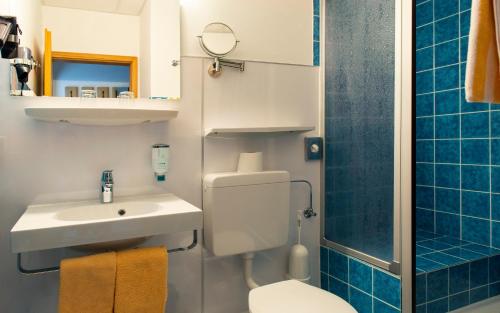 霍尔茨明登斯莱穆勒酒店的浴室配有卫生间、盥洗盆和淋浴。