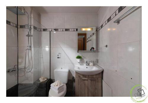 赫索尼索斯Irini Apartment Piskopiano, Hersonissos #2的浴室配有卫生间、盥洗盆和淋浴。