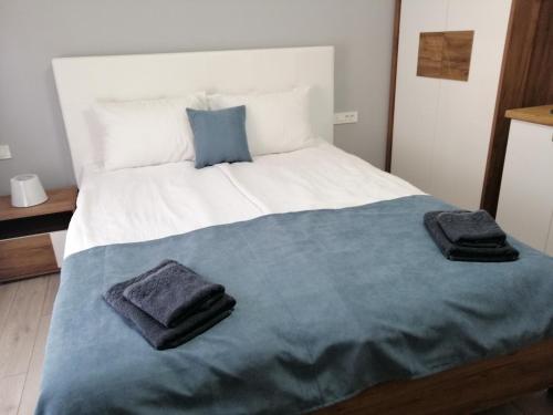 奥赫里德Apartments Lapidarium的一间卧室配有一张大床和两条毛巾