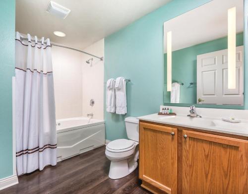 威斯康星戴尔Club Wyndham Tamarack的浴室配有卫生间、盥洗盆和浴缸。