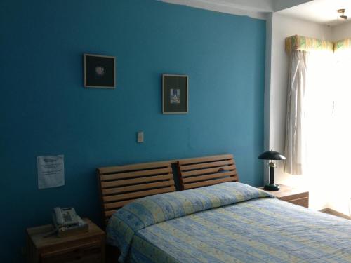 博卡奇卡阿丽娜可可海滩酒店的一间卧室设有一张床和蓝色的墙壁