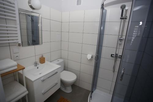 西维德尼察APARTAMENT SŁOBÓDZKIEGO 7的带淋浴、卫生间和盥洗盆的浴室