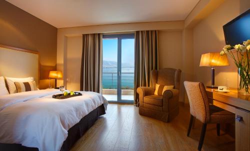卡斯托里亚利蒙温泉度假酒店的配有一张床、一张书桌和一扇窗户的酒店客房