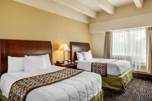丹佛Rodeway Inn Denver Downtown的酒店客房设有两张床和窗户。