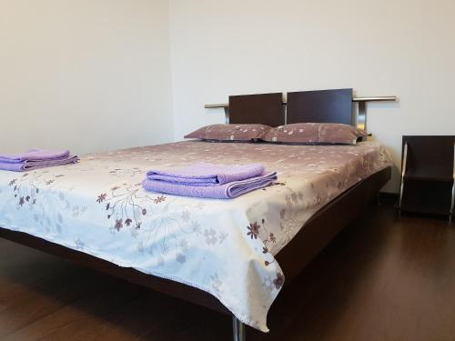 康斯坦察Apartament Tudor的床上铺有紫色枕头的床