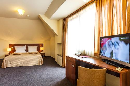 索非亚Sofia Place Hotel by HMG的配有一张床和一台平面电视的酒店客房