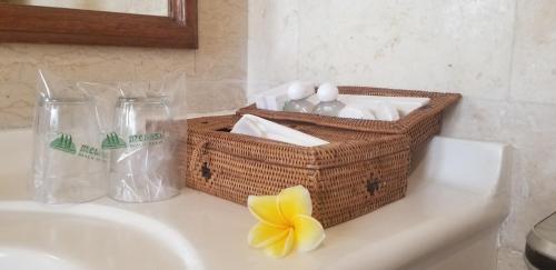 勒吉安美乐思海滩度假村及水疗中心雷根酒店的盥洗盆上的一篮子洗浴用品和花