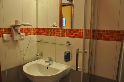 布拉格城市中心豪华酒店的浴室配有盥洗盆和带镜子的淋浴