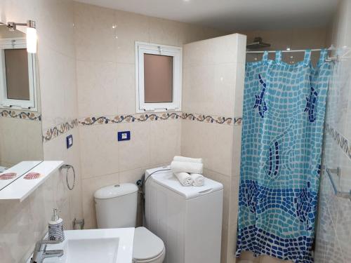 阿罗纳Casa Azul only 200 meters to the beach, free wifi, balcony的浴室配有卫生间、淋浴和盥洗盆。
