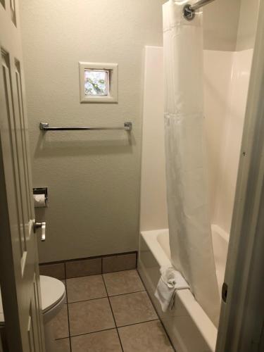 Kingman柯帕汽车旅馆的带淋浴、卫生间和盥洗盆的浴室
