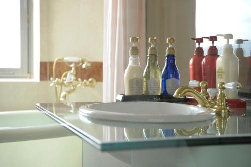 山形市山形会社酒店的一个带水槽和一组瓶子的浴室台面