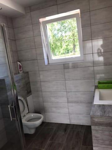 SkrzeszewoLEMA Pokoje Gościnne的一间带卫生间和窗户的小浴室