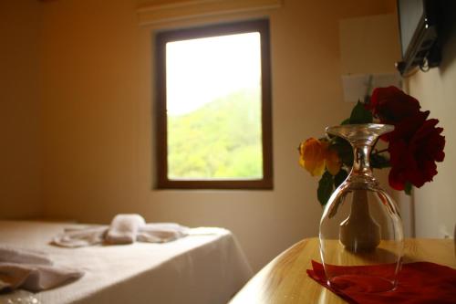 AğaçlıhüyükUyku Vadisi Hotel的花瓶在桌子上,有窗
