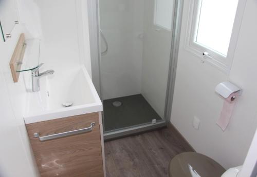 弗雷瑞斯Mobile Home Neuf AZ 27的带淋浴、盥洗盆和卫生间的浴室