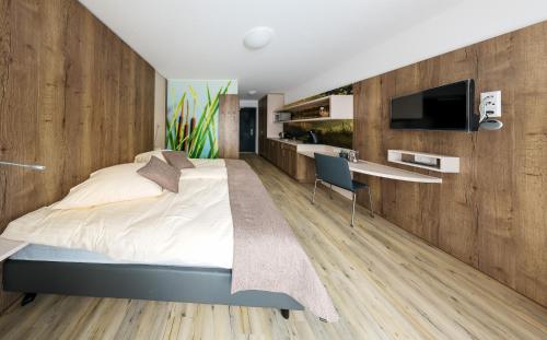 巴特武尔察赫Boarding & HOUSE T24的一间卧室配有一张床、一张书桌和一台电视。