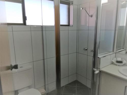 贡迪温迪麦金太尔汽车旅馆的带淋浴、卫生间和盥洗盆的浴室