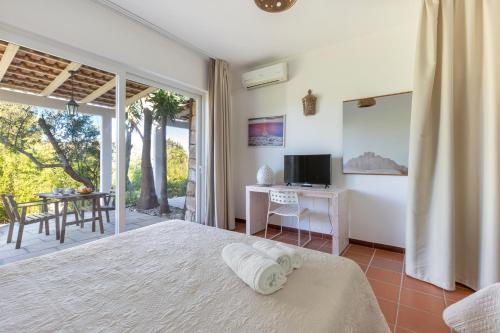 托雷圣乔万尼乌Tenuta Terenzano的一间卧室配有一张床、一台电视和一个庭院。