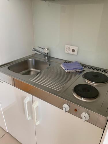 Vella乌斯特利亚/特鲁格旅馆的厨房配有水槽和炉灶