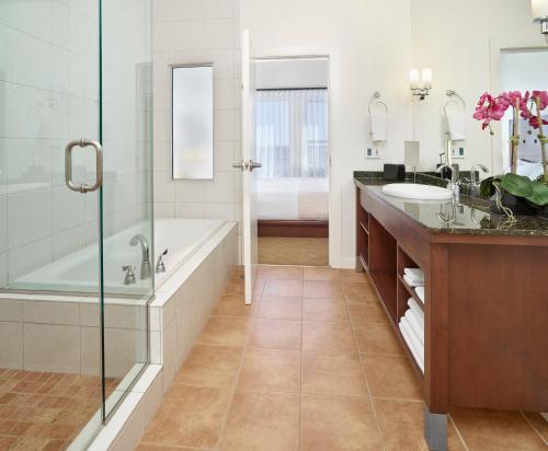埃德蒙顿韦达米特拉酒店的带浴缸和盥洗盆的浴室