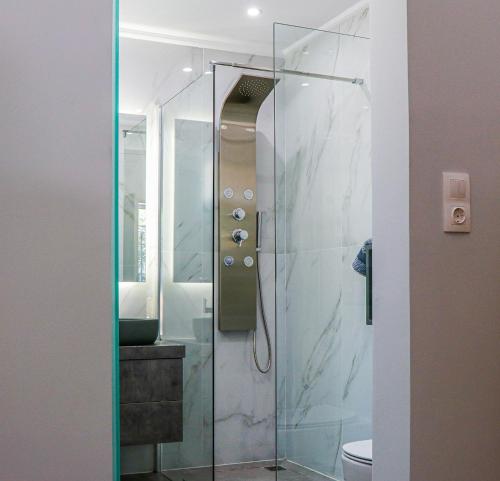 海若克利欧Terpsis Lodge的浴室里设有玻璃门淋浴