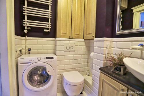 华沙Royal Warsaw Apartment的小型浴室设有洗衣机和水槽。
