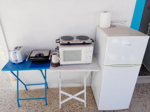 伊奥斯乔拉Grandma Vasiliki Rooms To Let的一张带微波炉和冰箱的小桌子