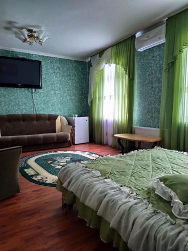 SvitlovodsʼkHotel Tropicana的一间卧室配有一张床、一张沙发和一台电视。