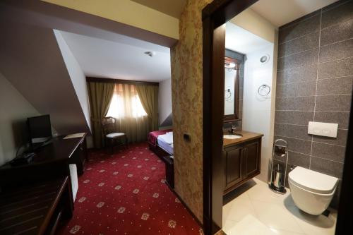 普里兹伦Hotel Kacinari的酒店客房设有带卫生间和水槽的浴室