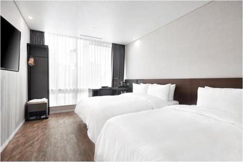 釜山阿尔班市酒店的酒店客房设有两张床和电视。